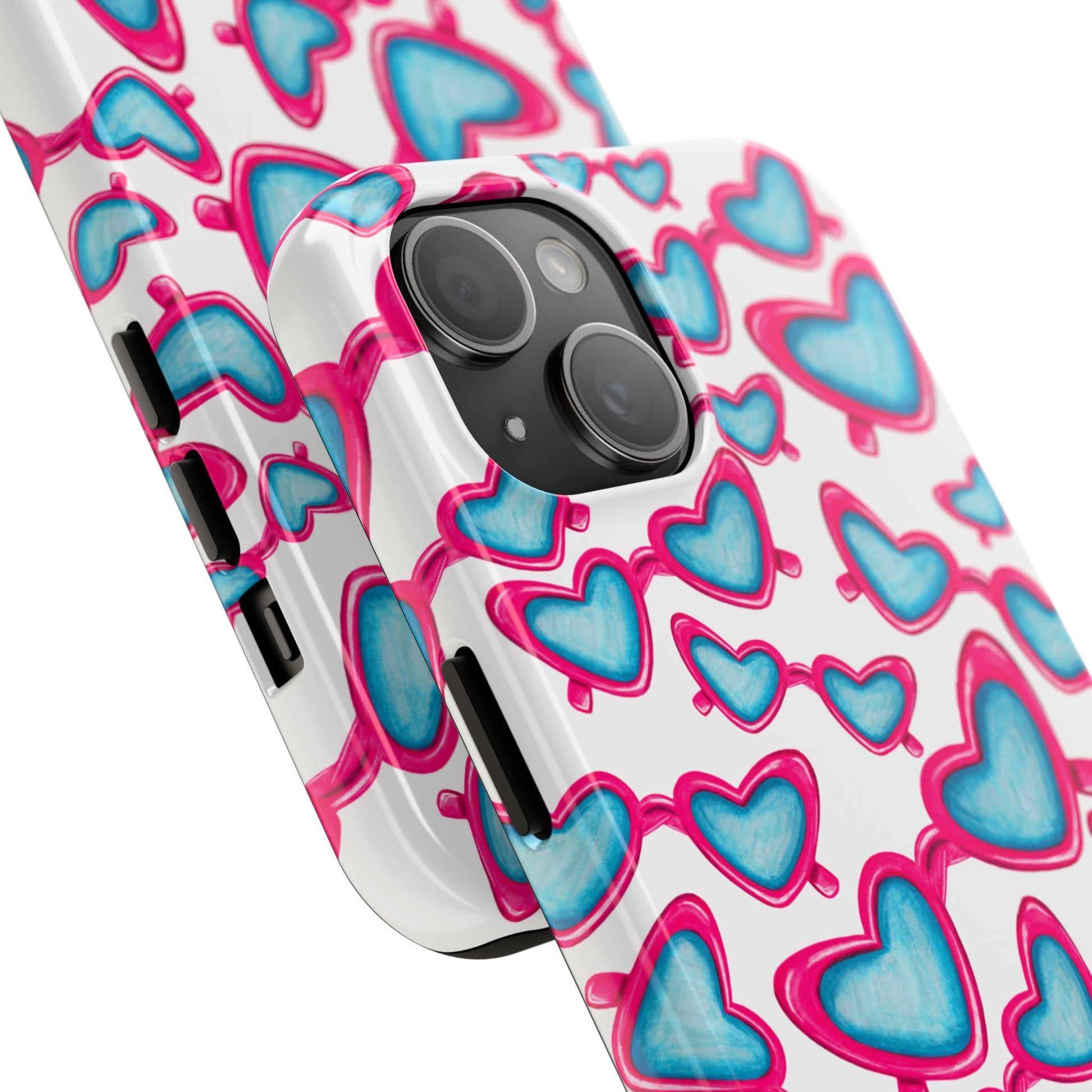 Pink & Blue Heart Shaped Sunglasses Watercolor Illustrated Tossed Pattern Tough Case | Various Models
