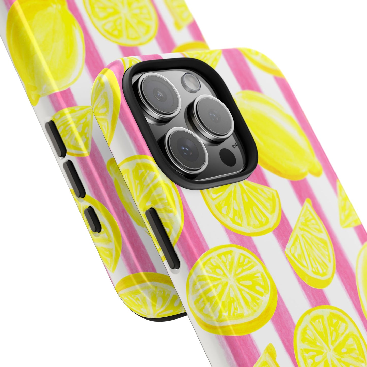 Pink Lemonade Yellow Lemons with Pink & White Watercolor Stripes Tough Phone Case