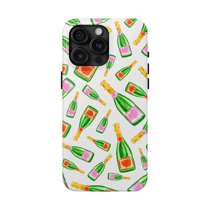 Tossed Pink and Green & Orange and Green Watercolor Illustrated Champagne Bottles Pattern Tough Phone Case | Various Models