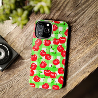Red Tossed Cherries Green Gingham Watercolor Illustrated Tough Phone Case | Various Models Available