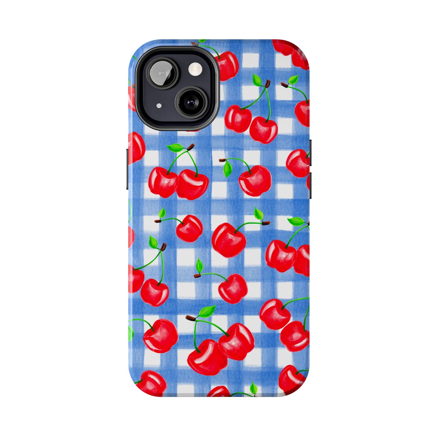 Tossed Red Watercolor Illustrated Cherries Light Blue Gingham Tough Phone Case | Various Models