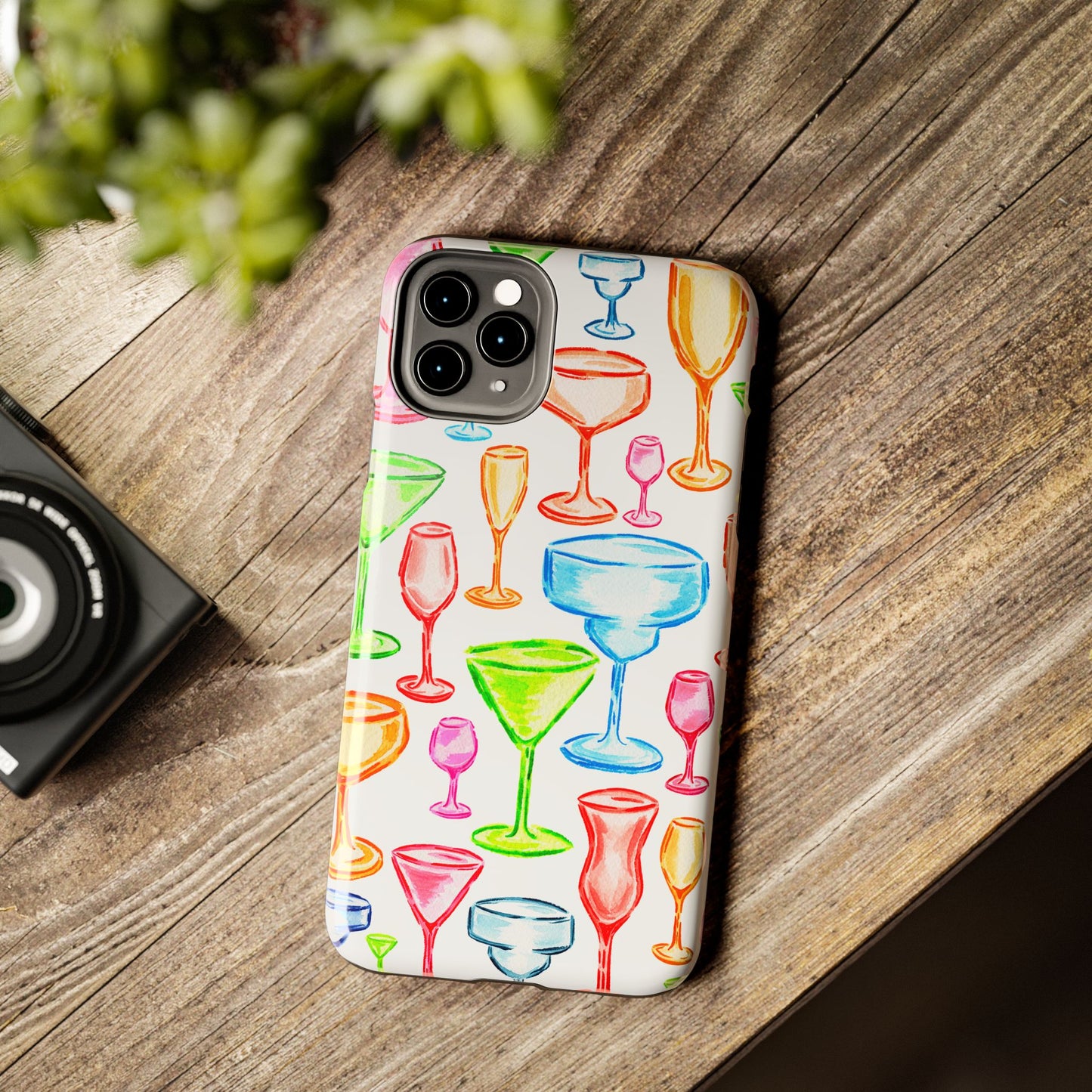 Monochromatic Margarita, Wine, Martini, and Champagne Flute Cocktail Glasses Watercolor Illustrated Tough Phone Case | Various Models Available
