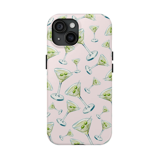Watercolor Blue and Green Martinis Tossed Illustrated Pattern Blush Pink Tough Phone Case | Various Models iPhone 15