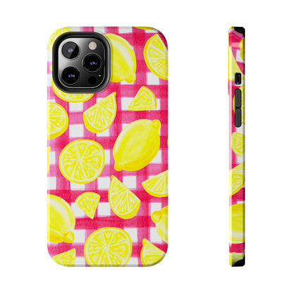 Yellow Lemons & Hot Pink Gingham Watercolor Illustrated Tough Phone Case | Various Models Available