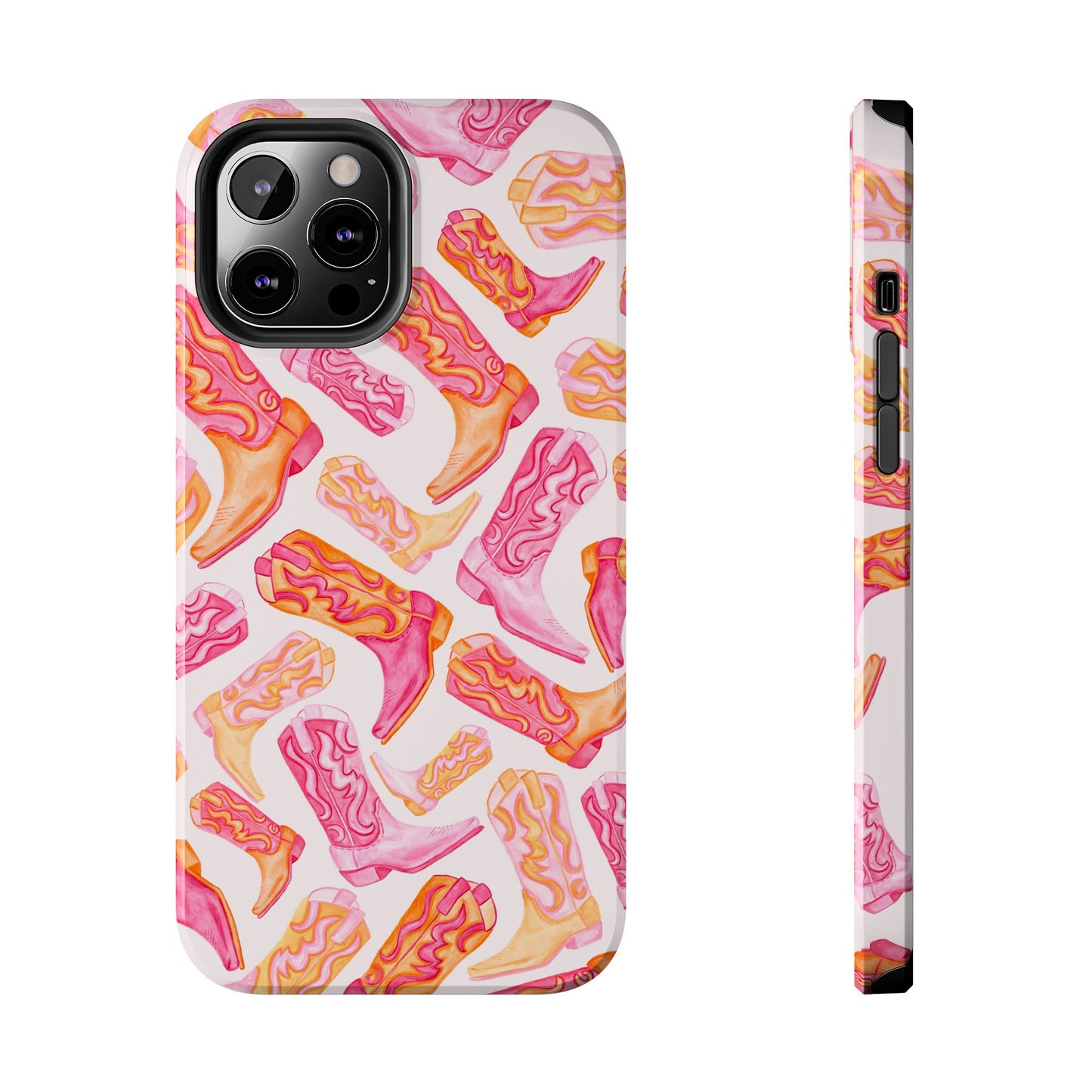 Tossed Hot Pink & Orange Watercolor Cowboy Boots Tough Light Pink Phone Case | Various Models Available iPhone 12 Pro Max