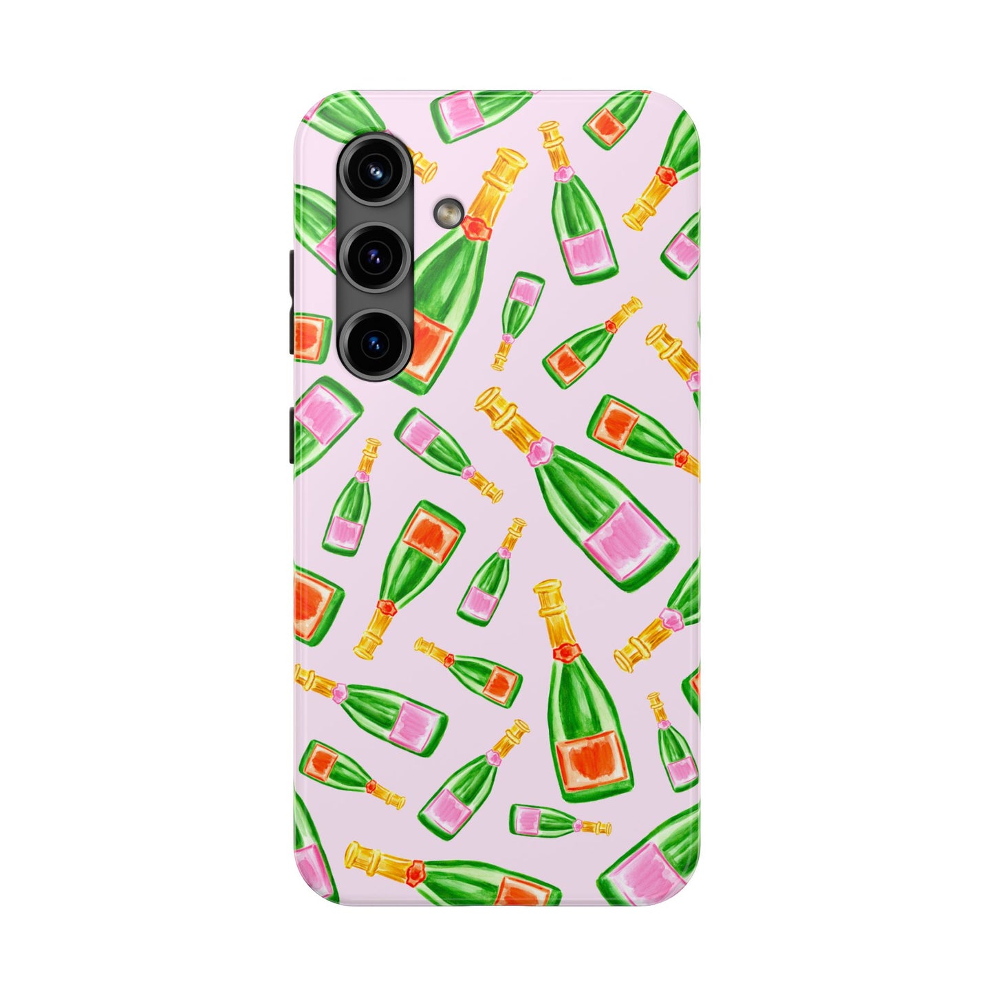 Tossed Pink and Green & Orange and Green Watercolor Illustrated Champagne Bottles Pattern Blush Pink Tough Phone Case | Various Models