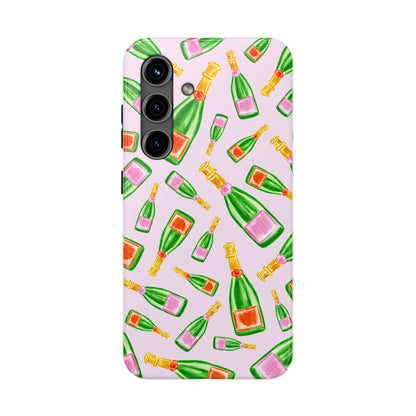 Tossed Pink and Green & Orange and Green Watercolor Illustrated Champagne Bottles Pattern Blush Pink Tough Phone Case | Various Models
