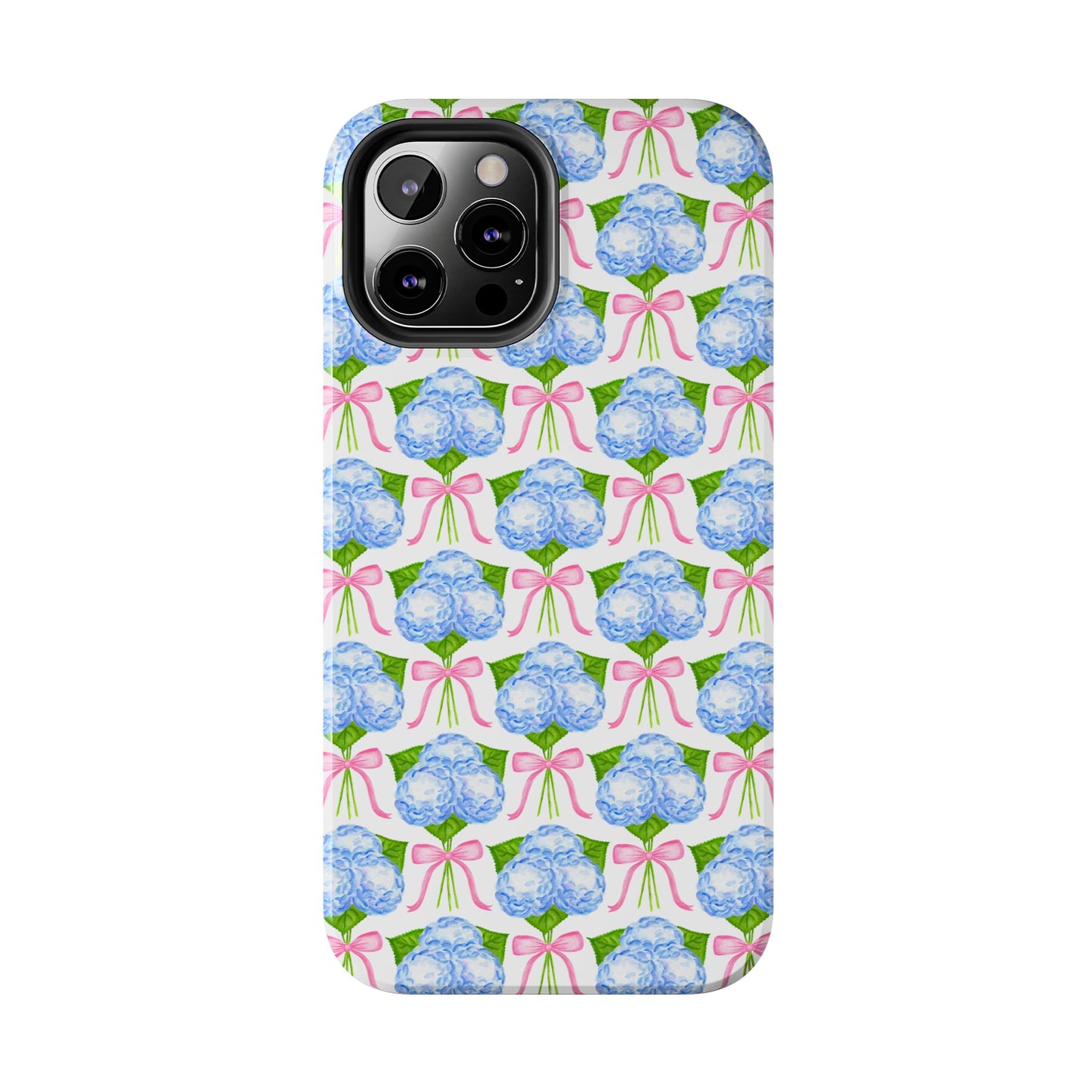 Blue Watercolor Hydrangea Bouqets with Light Pink Bows Watercolor Illustrated Patterned Tough Phone Case | Various Models