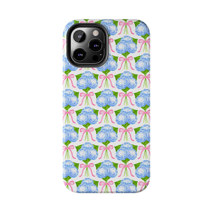 Blue Watercolor Hydrangea Bouqets with Light Pink Bows Watercolor Illustrated Patterned Tough Phone Case | Various Models