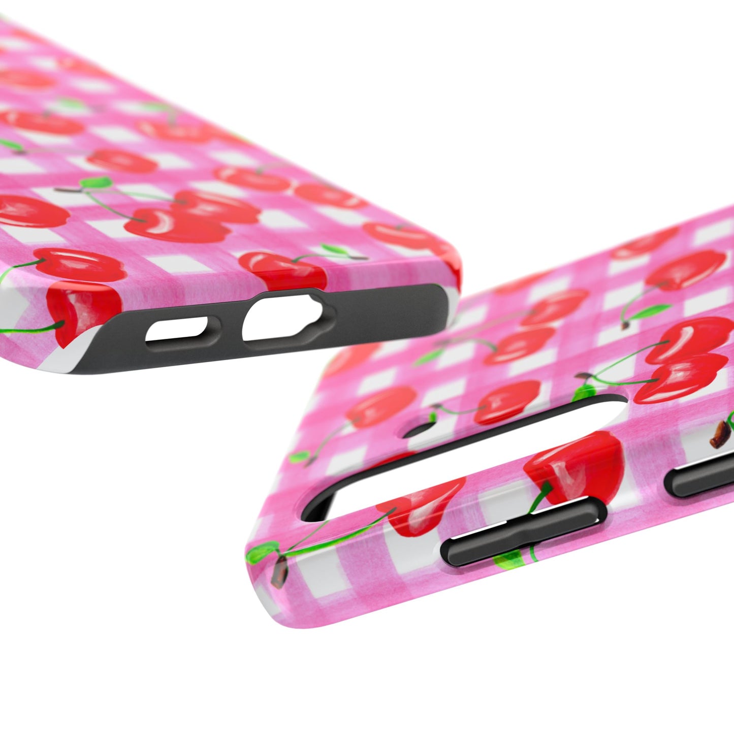 Tossed Red Watercolor Cherries Illustrated Pattern Light Pink Gingham Tough Phone Case | Various Models