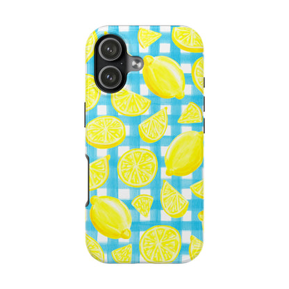Bright Yellow Lemons Watercolor Illustrated Tossed Pattern Turquoise Gingham Tough Phone Case | Various Models
