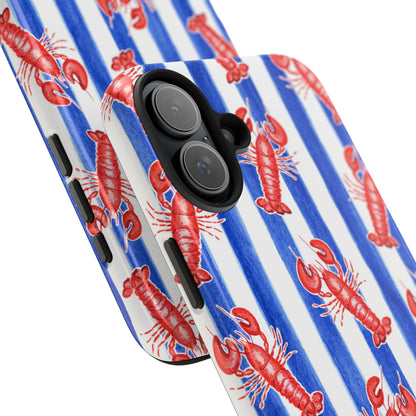 Blue & White Strip Red Lobster Watercolor Patterned Phone Case | Various Models