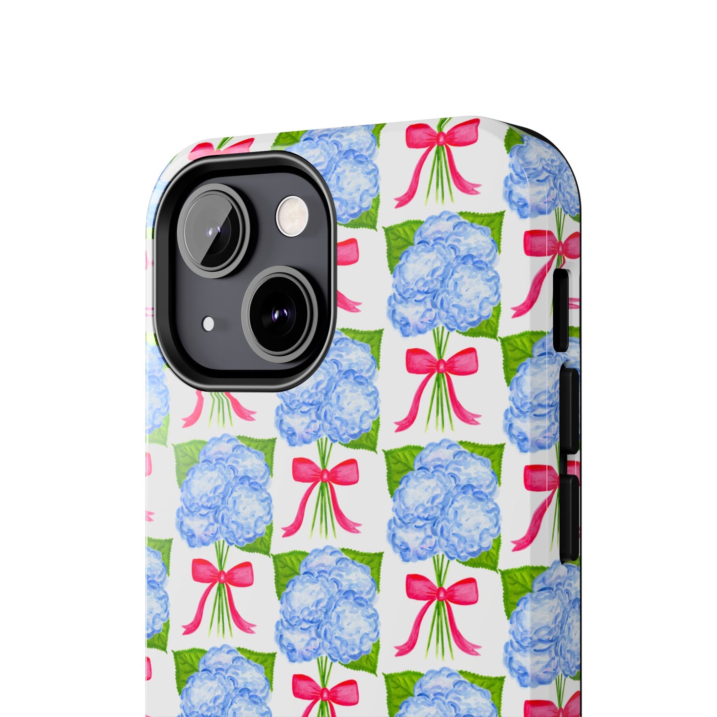 Blue Watercolor Hydrangea Bouquets with Hot Pink Bows Illustrated Patterned Tough Phone Case | Various Models