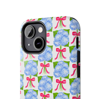 Blue Watercolor Hydrangea Bouquets with Hot Pink Bows Illustrated Patterned Tough Phone Case | Various Models