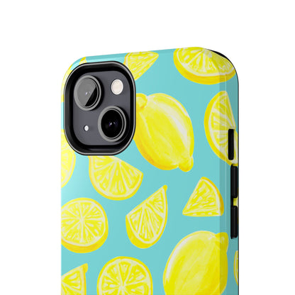 Bright Yellow Lemons Watercolor Illustrated Tossed Pattern Turquoise Blue Tough Phone Case | Various Models