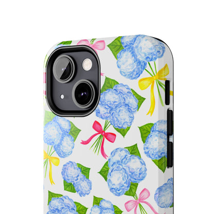 Blue Watercolor Hydrangea Bunches with Hot Pink, Yellow, Light Pink Bows Illustrated Patterned Tough Phone Case | Various Models