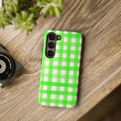 Lime Green Gingham Watercolor Illustrated Tough Phone Case | Various Models Available