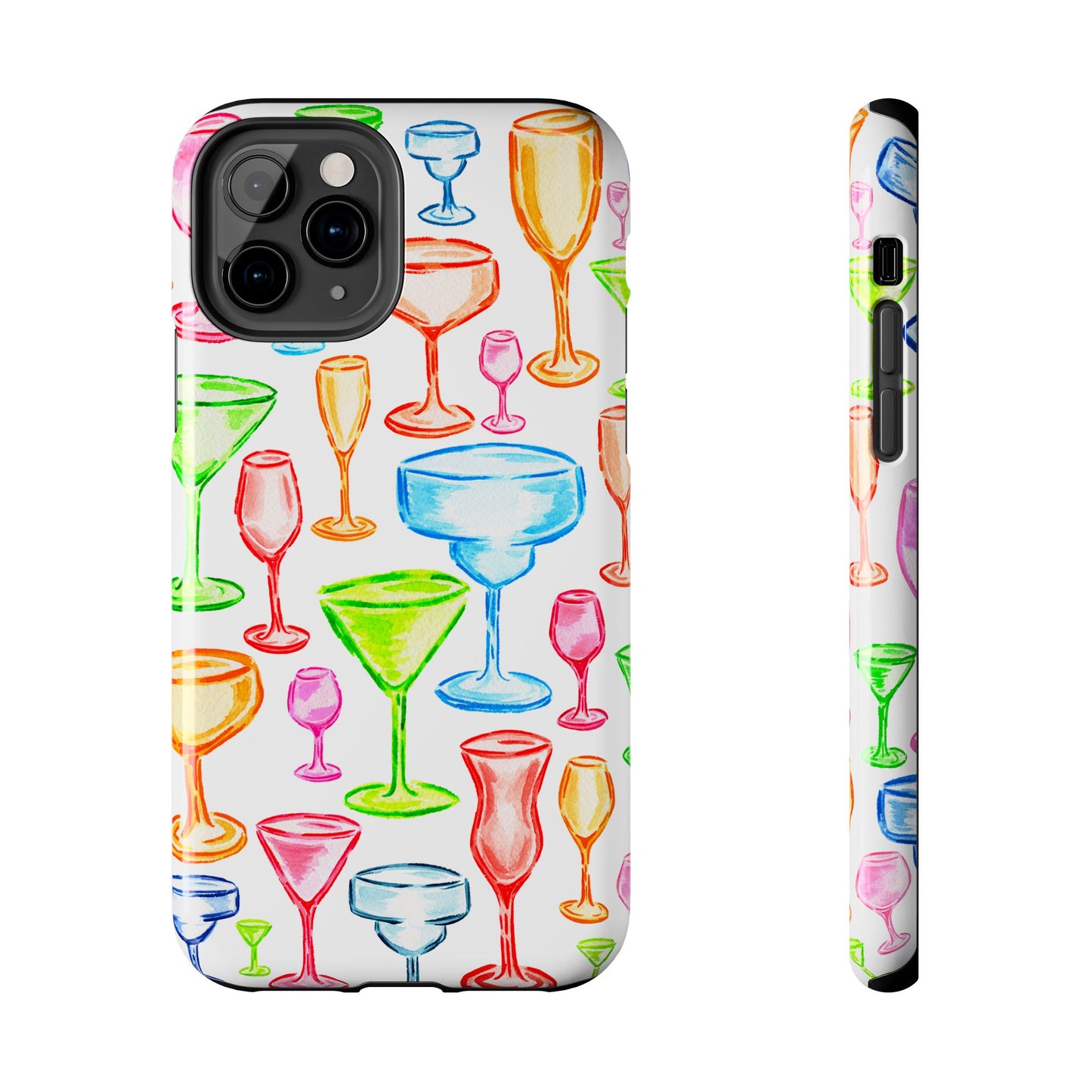 Monochromatic Margarita, Wine, Martini, and Champagne Flute Cocktail Glasses Watercolor Illustrated Tough Phone Case | Various Models Available