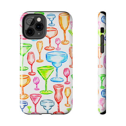 Monochromatic Margarita, Wine, Martini, and Champagne Flute Cocktail Glasses Watercolor Illustrated Tough Phone Case | Various Models Available