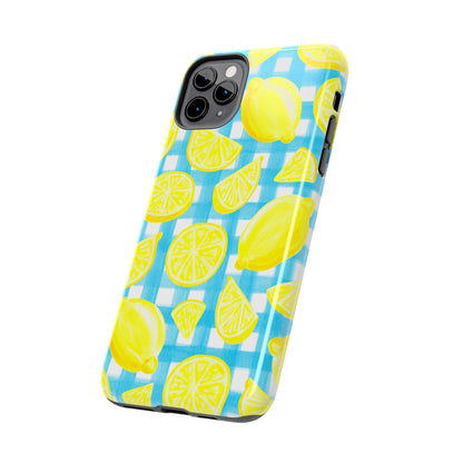 Bright Yellow Lemons Watercolor Illustrated Tossed Pattern Turquoise Gingham Tough Phone Case | Various Models