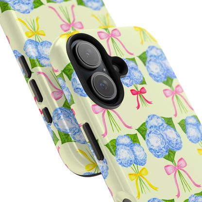 Blue Hydrangeas with Hot Pink, Yellow, Light Pink Bows Watercolor Illustrated Patterned Light Yellow Tough Phone Case | Various Models