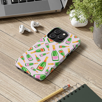 Tossed Pink and Green & Orange and Green Watercolor Illustrated Champagne Bottles Pattern Blush Pink Tough Phone Case | Various Models