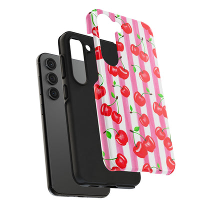 Tossed Red Watercolor Cherries Illustrated Pattern Light Pink Stripes Tough Phone Case | Various Models