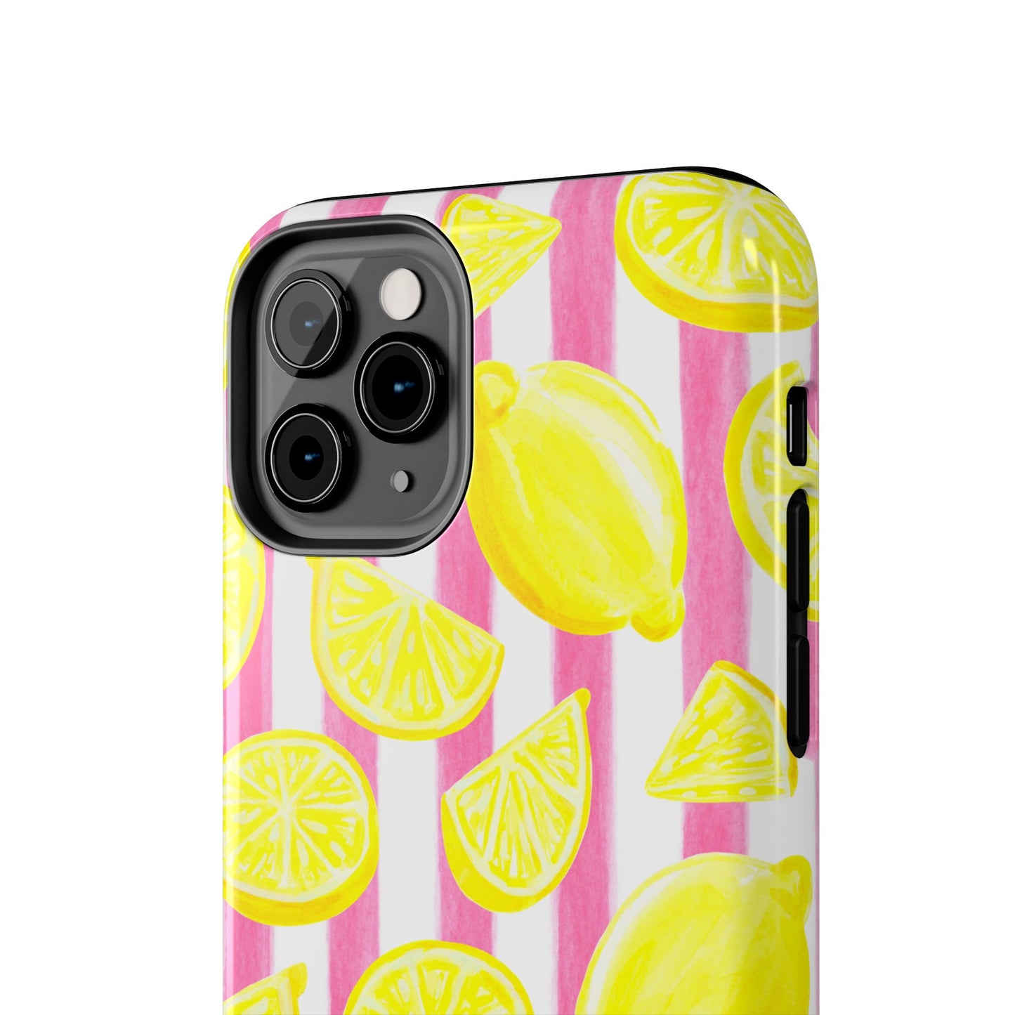 Pink Lemonade Yellow Lemons with Pink & White Watercolor Stripes Tough Phone Case