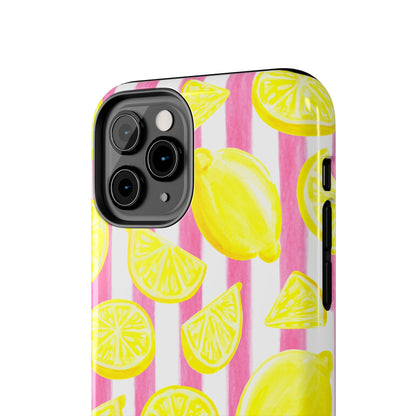 Pink Lemonade Yellow Lemons with Pink & White Watercolor Stripes Tough Phone Case