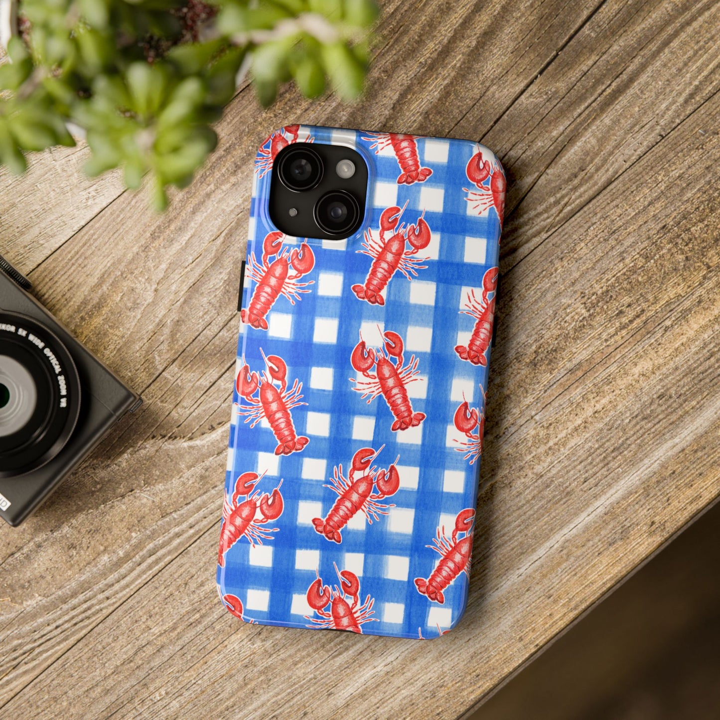 Blue Gingham Red Lobster Watercolor Patterned Phone Case | Various Models