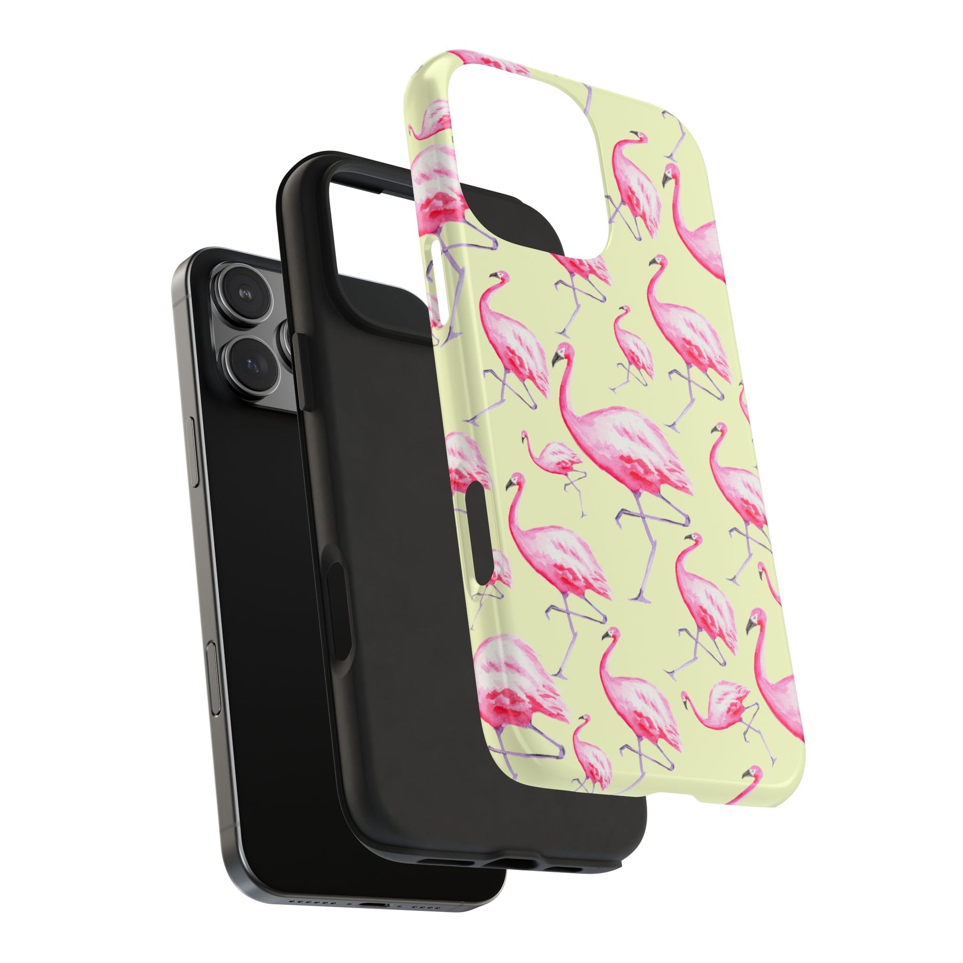 Pink Flamingos Watercolor Illustrated Tossed Pattern Yellow Phone Case | Various Models