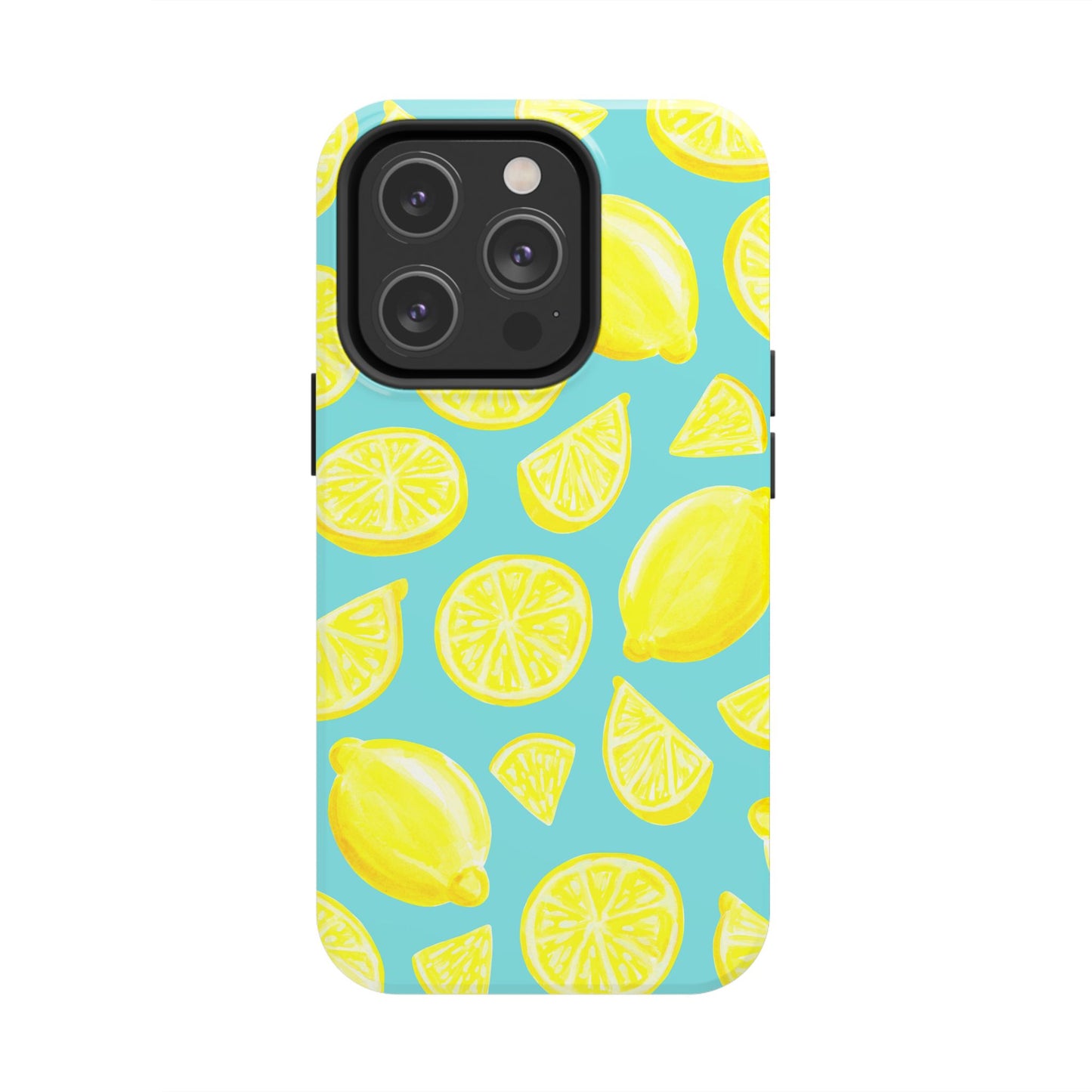 Bright Yellow Lemons Watercolor Illustrated Tossed Pattern Turquoise Blue Tough Phone Case | Various Models