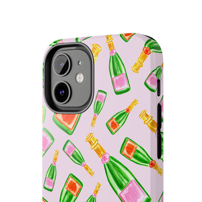 Tossed Pink and Green & Orange and Green Watercolor Illustrated Champagne Bottles Pattern Blush Pink Tough Phone Case | Various Models