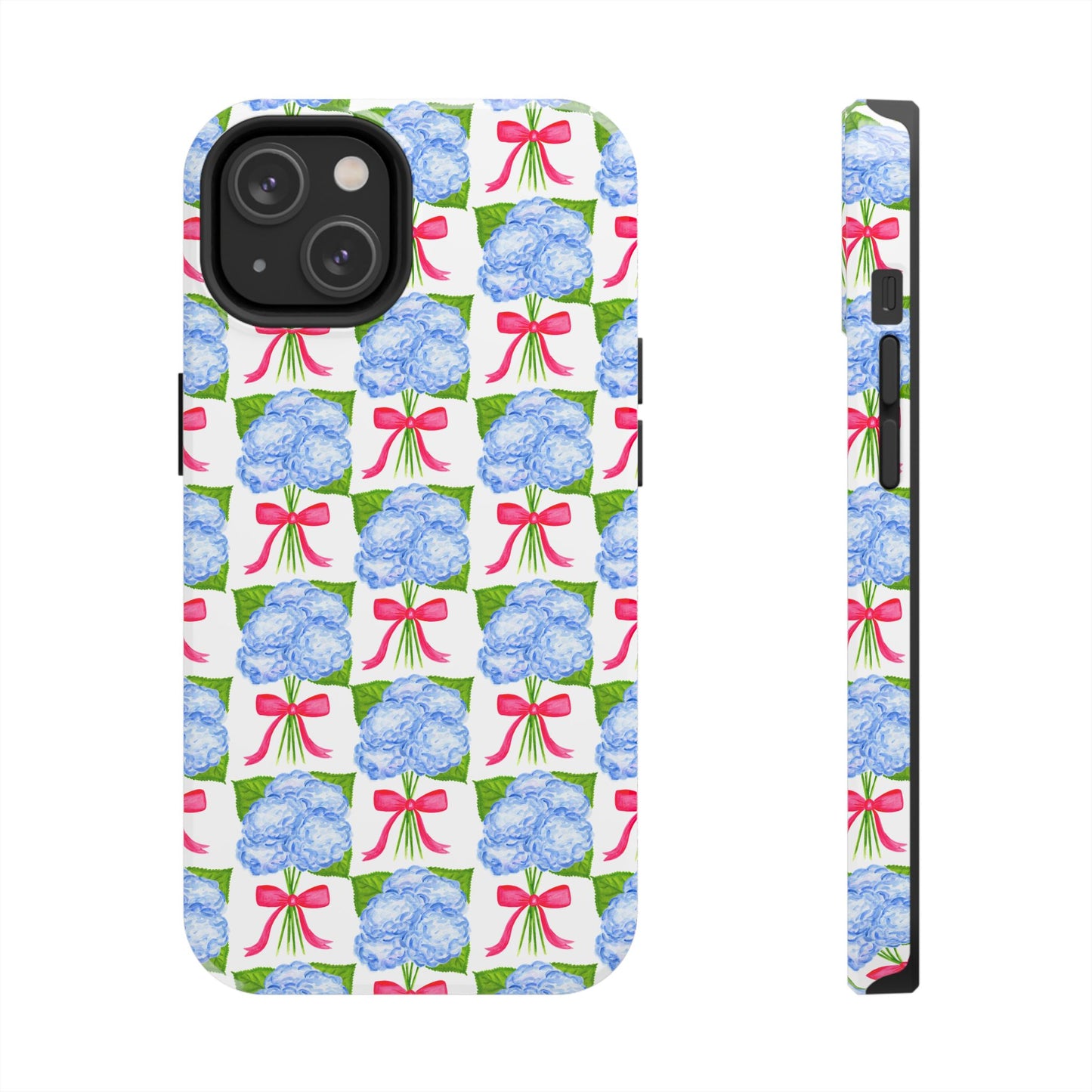 Blue Watercolor Hydrangea Bouquets with Hot Pink Bows Illustrated Patterned Tough Phone Case | Various Models