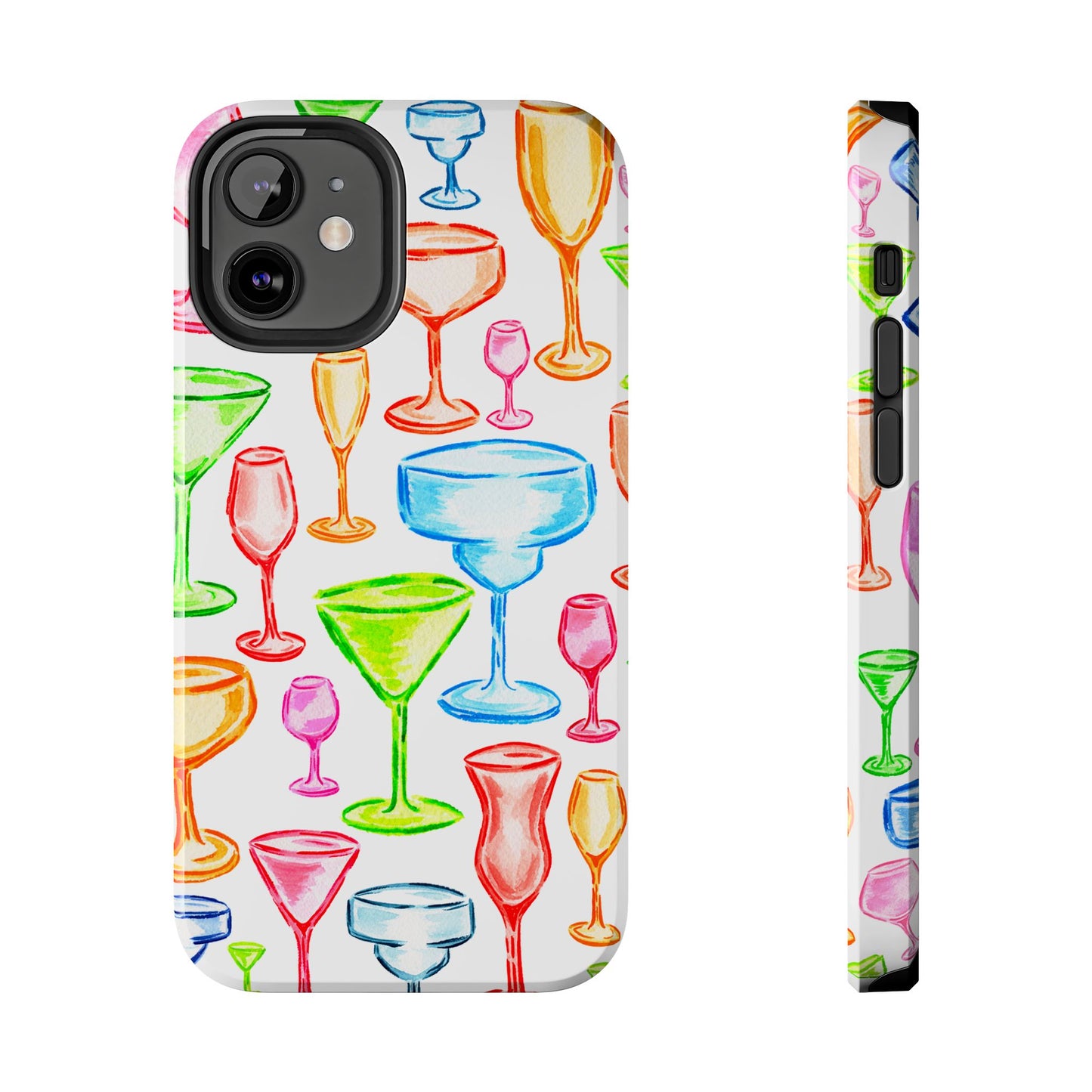 Monochromatic Margarita, Wine, Martini, and Champagne Flute Cocktail Glasses Watercolor Illustrated Tough Phone Case | Various Models Available