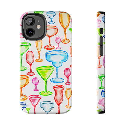 Monochromatic Margarita, Wine, Martini, and Champagne Flute Cocktail Glasses Watercolor Illustrated Tough Phone Case | Various Models Available
