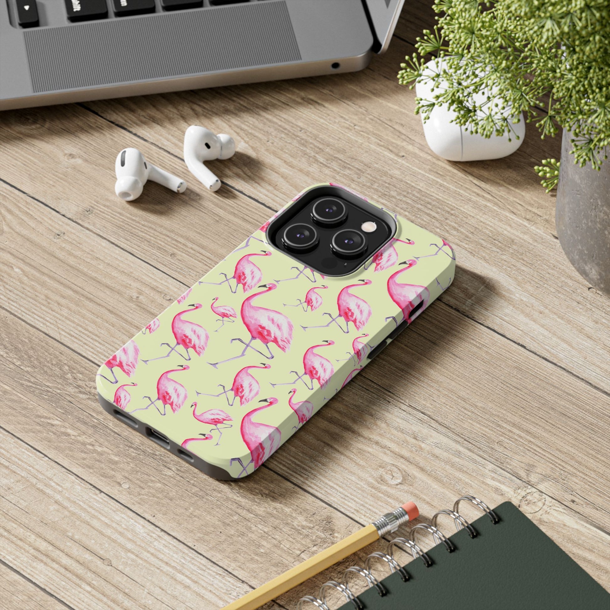 Pink Flamingos Watercolor Illustrated Tossed Pattern Yellow Phone Case | Various Models