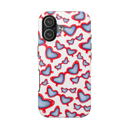 Red, White, & Blue Heart Shaped Watercolor Sunglasses Tossed Pattern Tough Phone Cases iPhone 17
