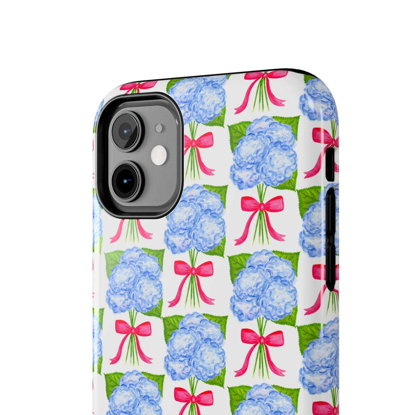 Blue Watercolor Hydrangea Bouquets with Hot Pink Bows Illustrated Patterned Tough Phone Case | Various Models
