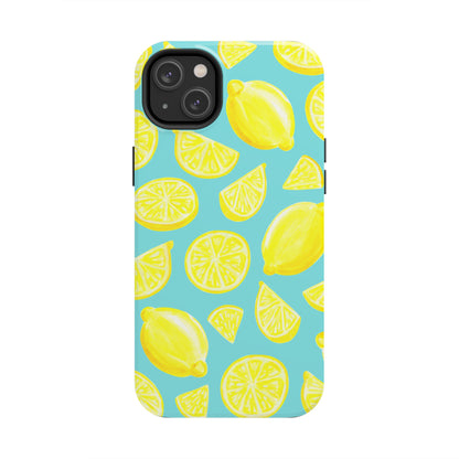 Bright Yellow Lemons Watercolor Illustrated Tossed Pattern Turquoise Blue Tough Phone Case | Various Models