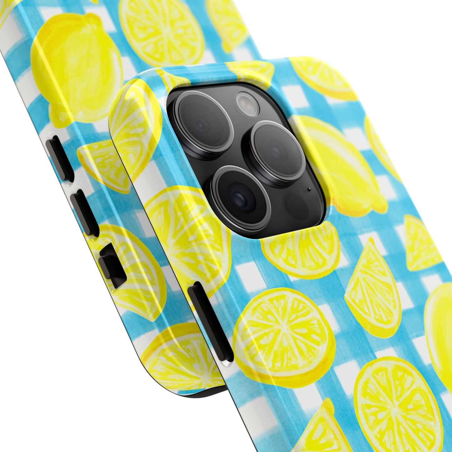 Bright Yellow Lemons Watercolor Illustrated Tossed Pattern Turquoise Gingham Tough Phone Case | Various Models