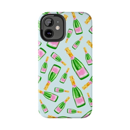 Tossed Pink and Green Watercolor Illustrated Champagne Bottles Pattern Light Blue Tough Phone Case | Various Models