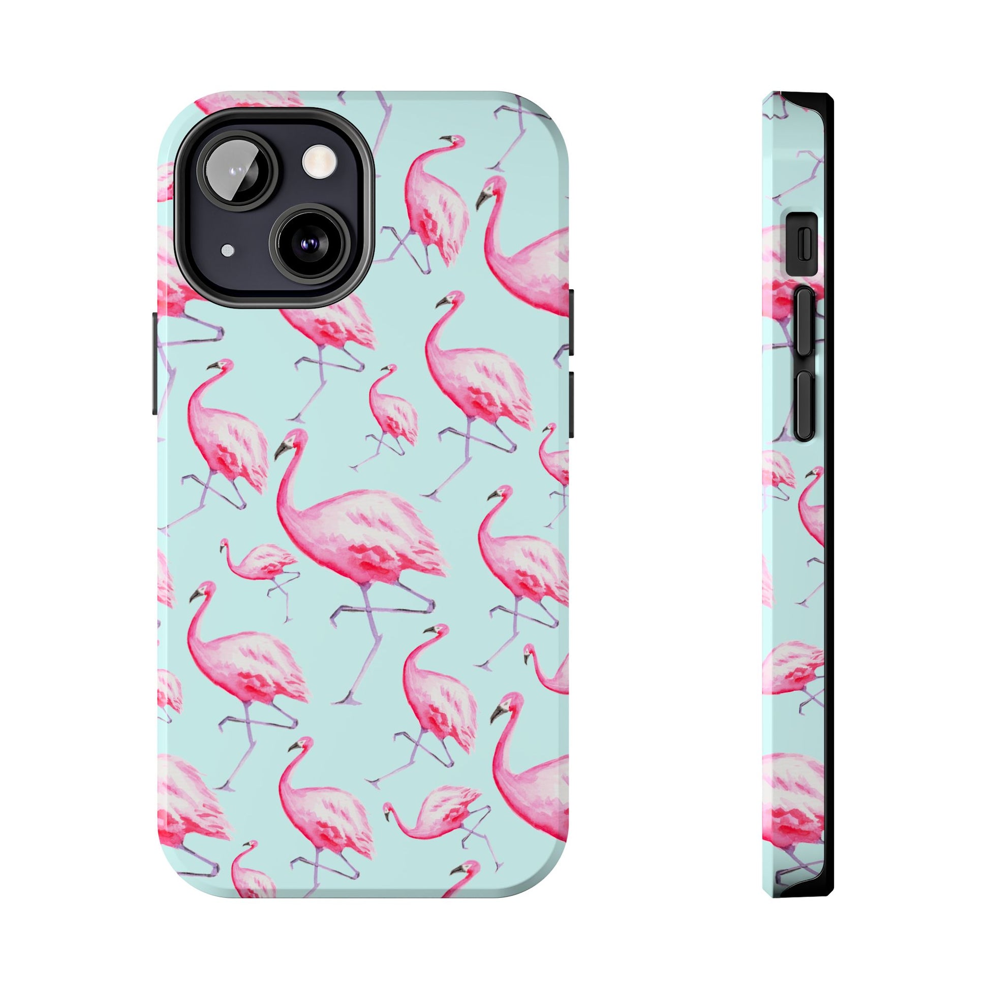 Pink Flamingos Watercolor Illustrated Tossed Pattern Blue Phone Case | Various Models iPhone 13 Mini