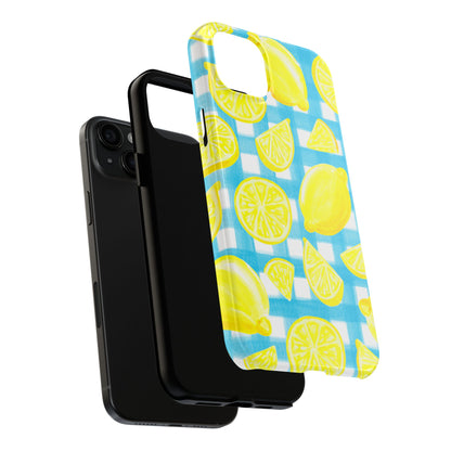 Yellow Lemons & Turquoise Gingham Watercolor Illustrated Tough Phone Case | Various Models Available