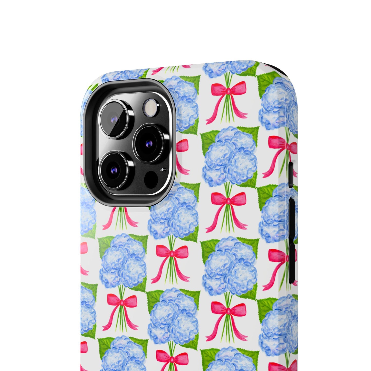 Blue Watercolor Hydrangea Bouquets with Hot Pink Bows Illustrated Patterned Tough Phone Case | Various Models