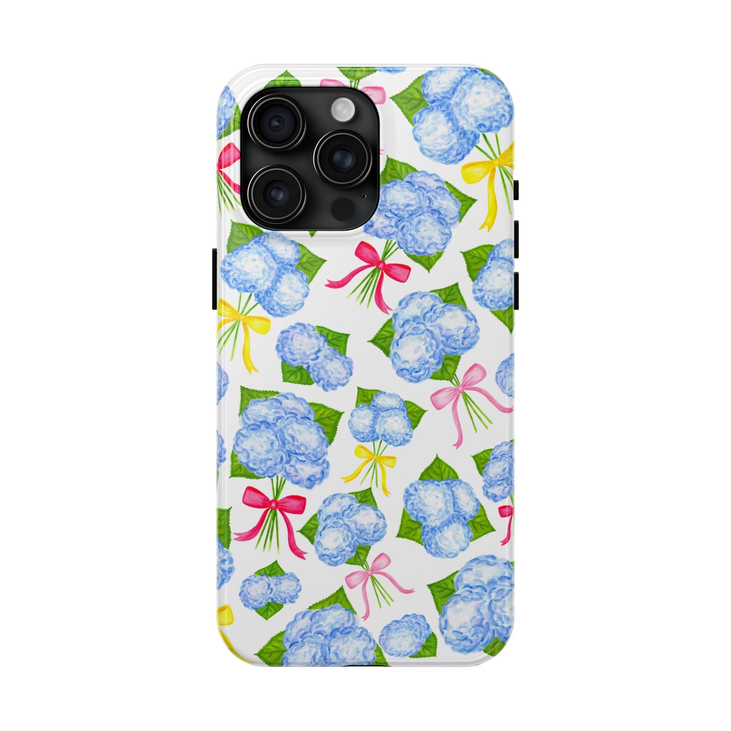 Blue Watercolor Hydrangea Bunches with Hot Pink, Yellow, Light Pink Bows Illustrated Patterned Tough Phone Case | Various Models