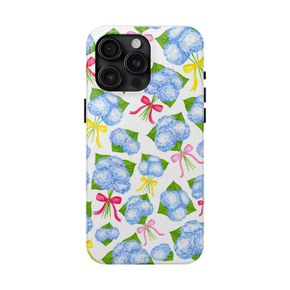 Blue Watercolor Hydrangea Bunches with Hot Pink, Yellow, Light Pink Bows Illustrated Patterned Tough Phone Case | Various Models