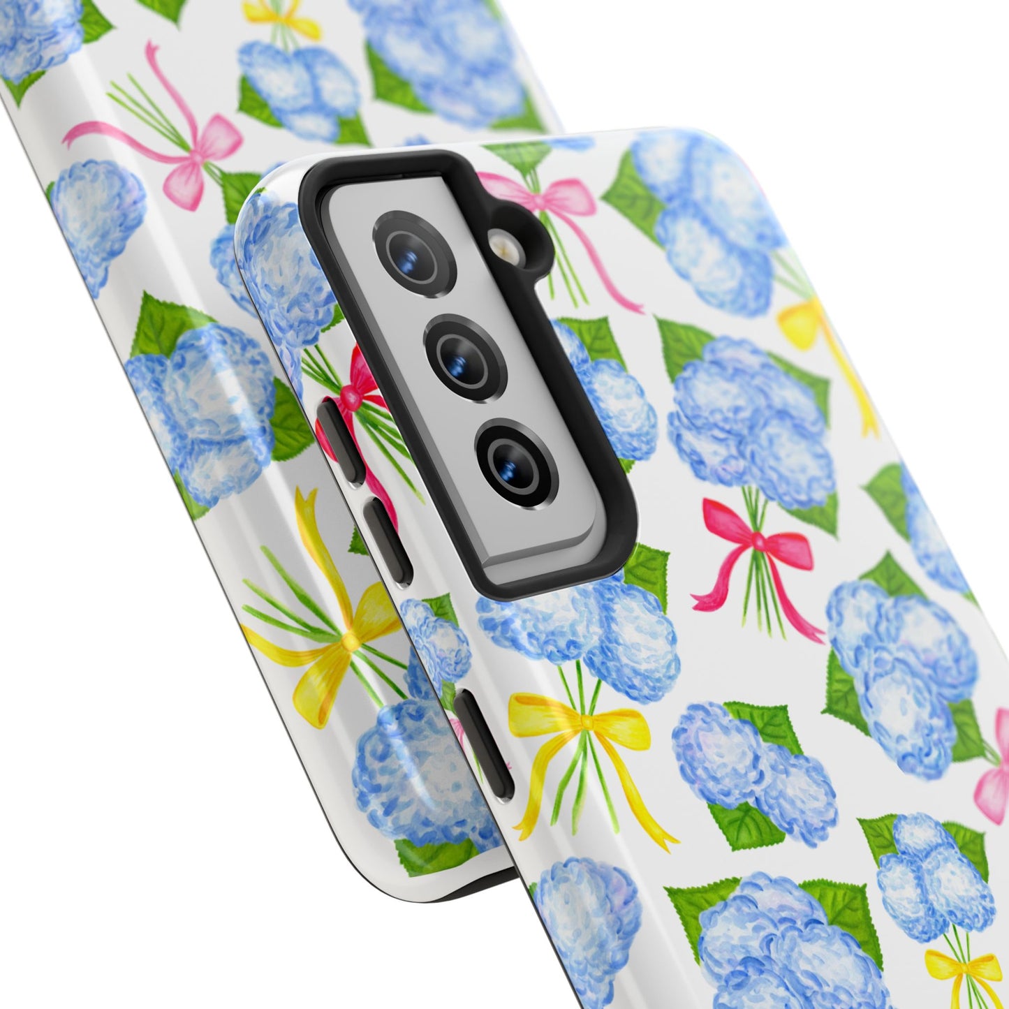 Blue Watercolor Hydrangea Bunches with Hot Pink, Yellow, Light Pink Bows Illustrated Patterned Tough Phone Case | Various Models