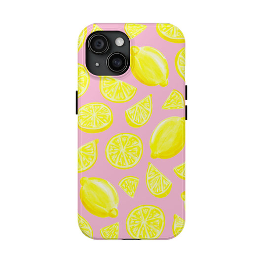 Bright Yellow Lemons Watercolor Illustrated Tossed Pattern Light Pink Tough Phone Case | Various Models iPhone 15