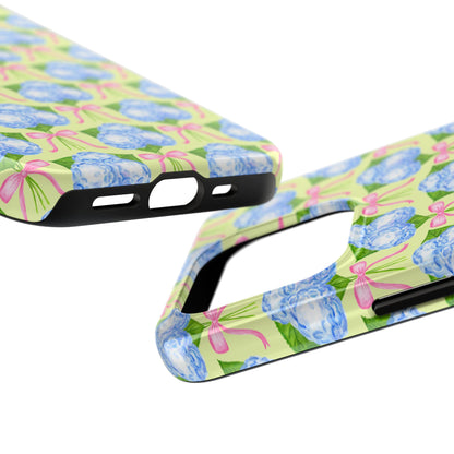Blue Watercolor Hydrangea Bouquets with Light Pink Bows Watercolor Illustrated Patterned Yellow Tough Phone Case | Various Models
